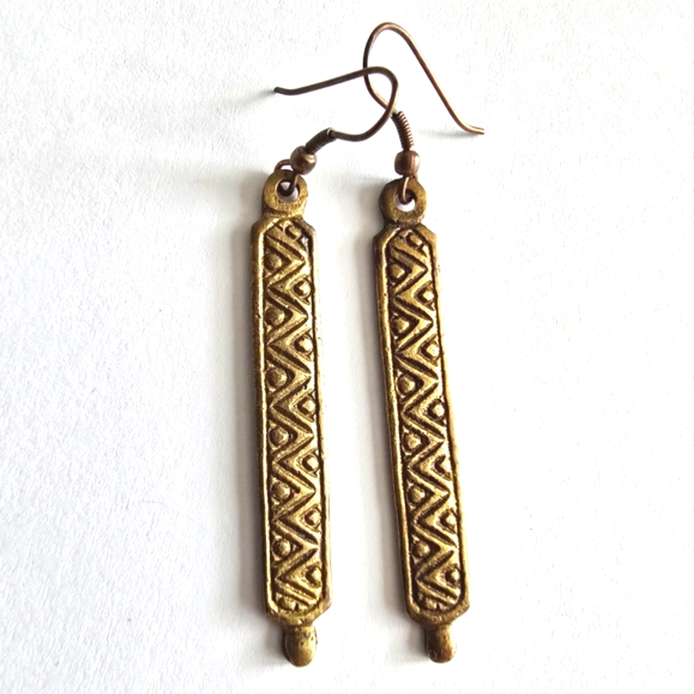 Boho earrings gold tone bar with pattern bohemian zigzag geometric